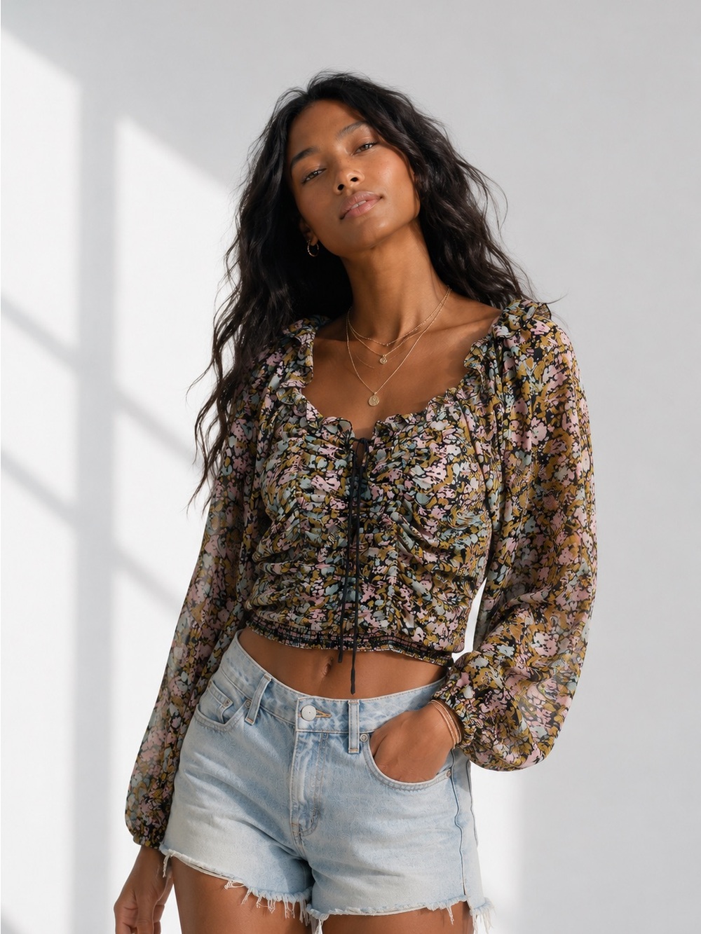 Free People Blouse Floral Ruched Lace Up XS Boho Top